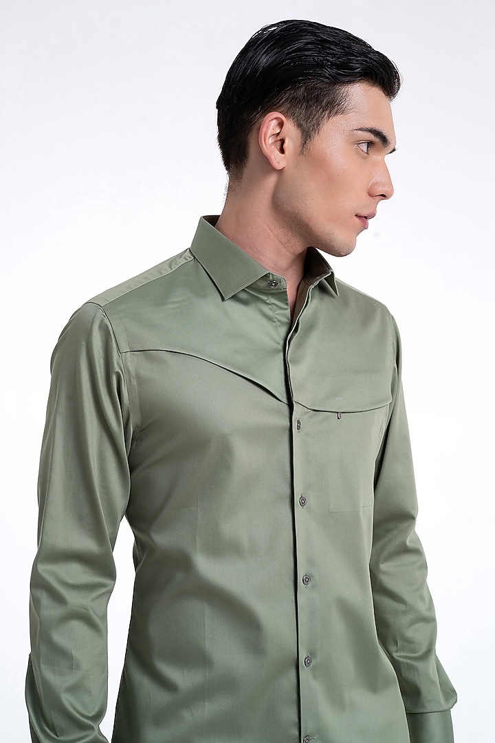 Sage Cotton Satin Party Wear Shirt by Dhruv Vaish at Pernia's Pop Up Shop