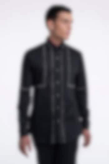 Black Cotton Satin Party Wear Shirt by Dhruv Vaish at Pernia's Pop Up Shop