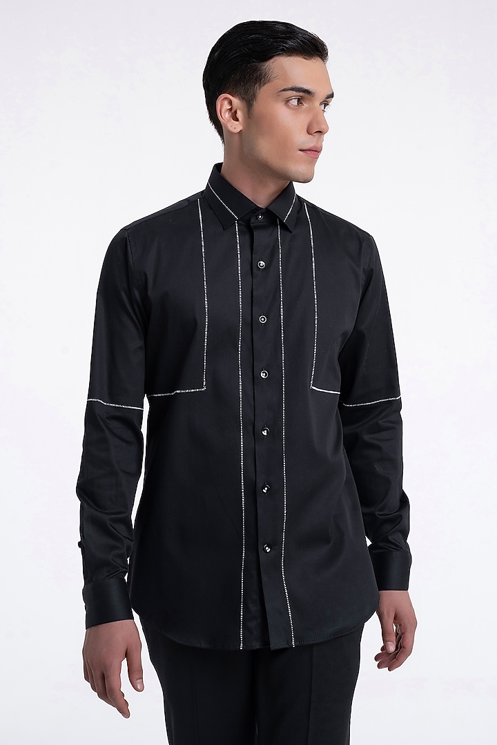Black Cotton Satin Party Wear Shirt by Dhruv Vaish at Pernia's Pop Up Shop