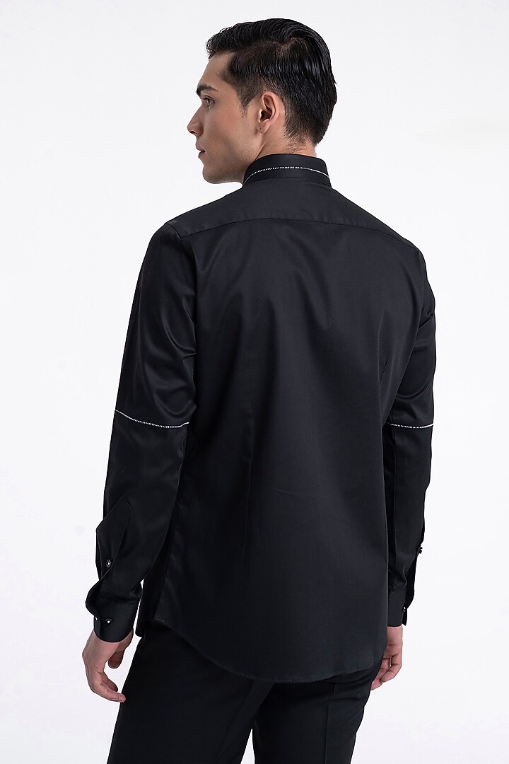 Black Cotton Satin Party Wear Shirt by Dhruv Vaish at Pernia's Pop Up Shop