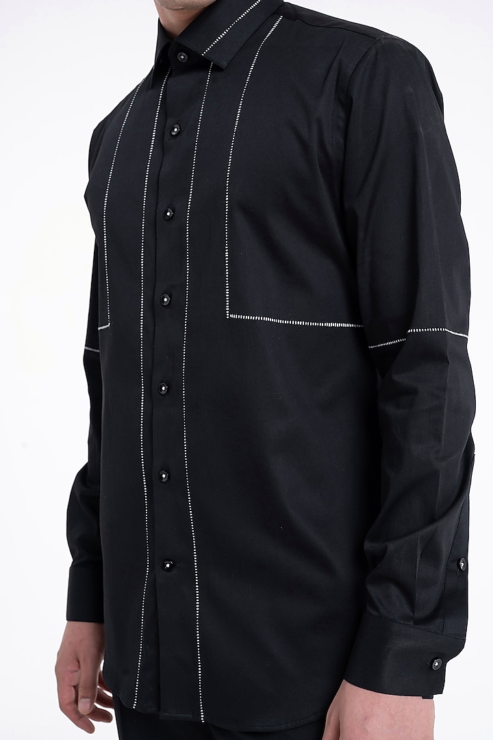 Black Cotton Satin Party Wear Shirt by Dhruv Vaish at Pernia's Pop Up Shop