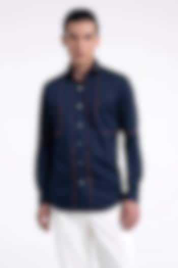 Navy Cotton Satin Party Wear Shirt by Dhruv Vaish at Pernia's Pop Up Shop