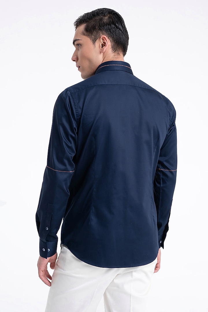 Navy Cotton Satin Party Wear Shirt by Dhruv Vaish at Pernia's Pop Up Shop