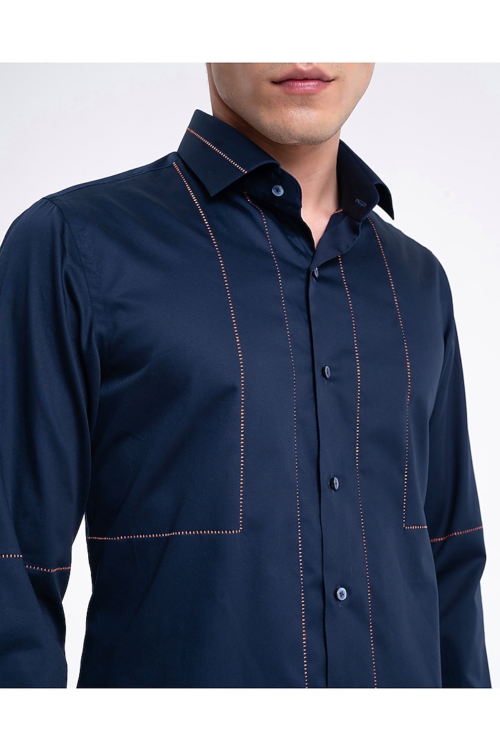 Navy Cotton Satin Party Wear Shirt by Dhruv Vaish at Pernia's Pop Up Shop