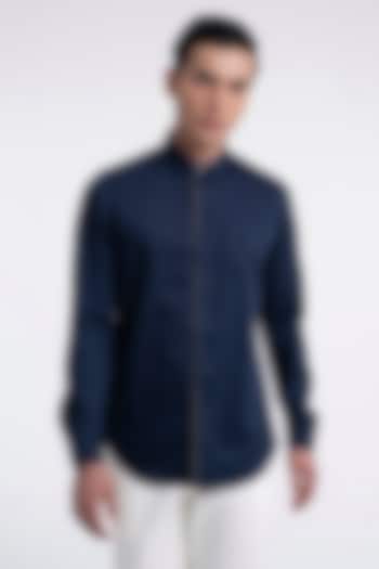 Navy Cotton Satin Party Wear Shirt by Dhruv Vaish at Pernia's Pop Up Shop