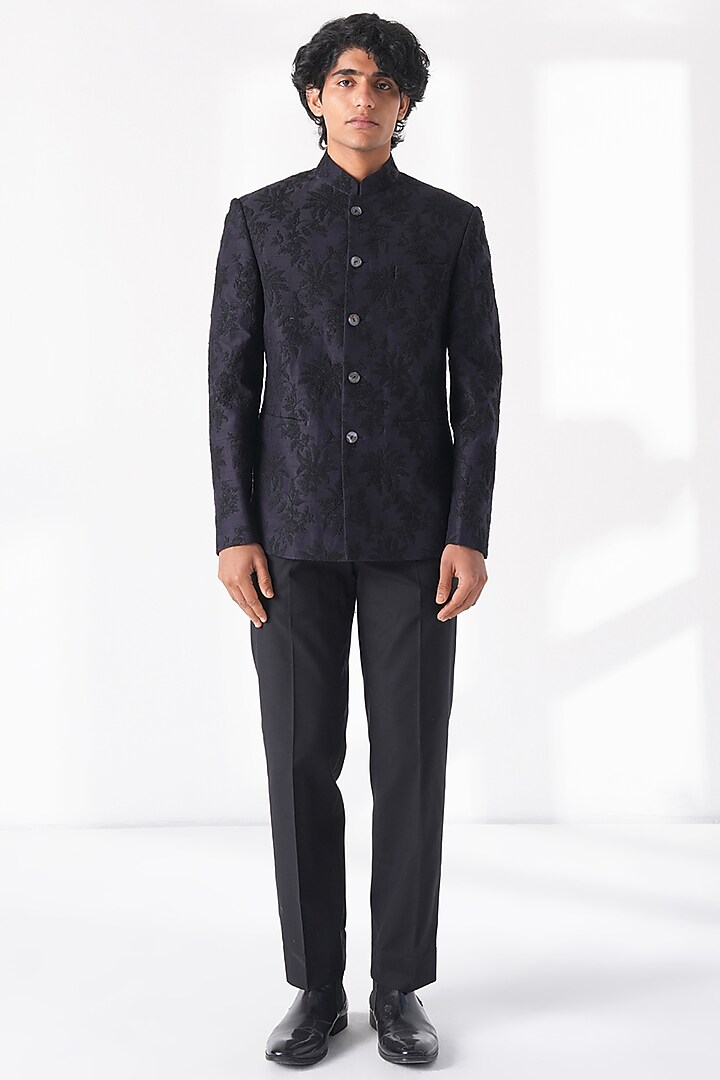 Oxidised Purple Silk Thread Embroidered Groom Bandhgala by Dhruv Vaish at Pernia's Pop Up Shop