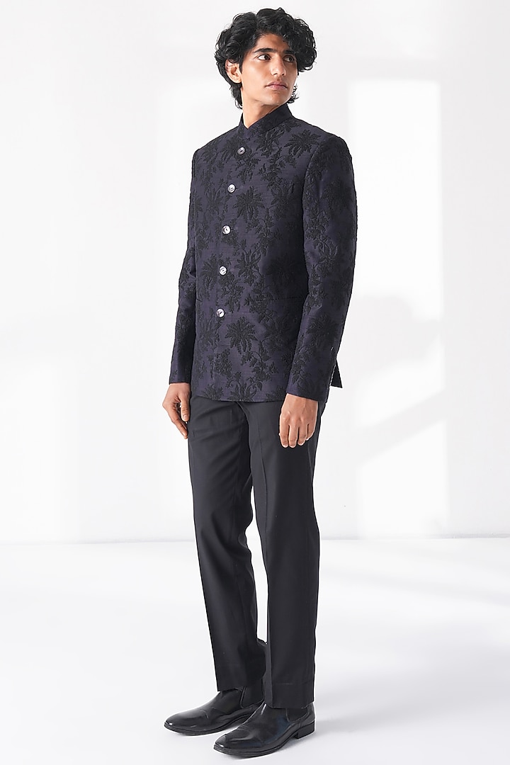 Oxidised Purple Silk Thread Embroidered Groom Bandhgala by Dhruv Vaish at Pernia's Pop Up Shop