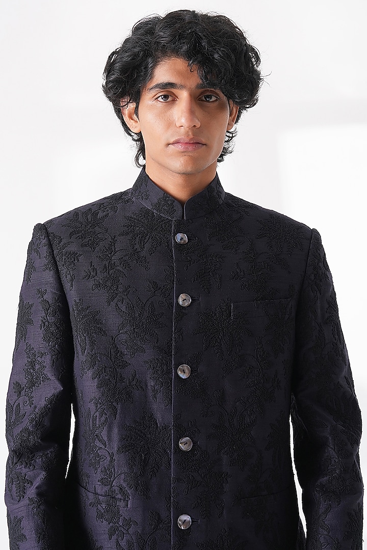 Oxidised Purple Silk Thread Embroidered Groom Bandhgala by Dhruv Vaish at Pernia's Pop Up Shop