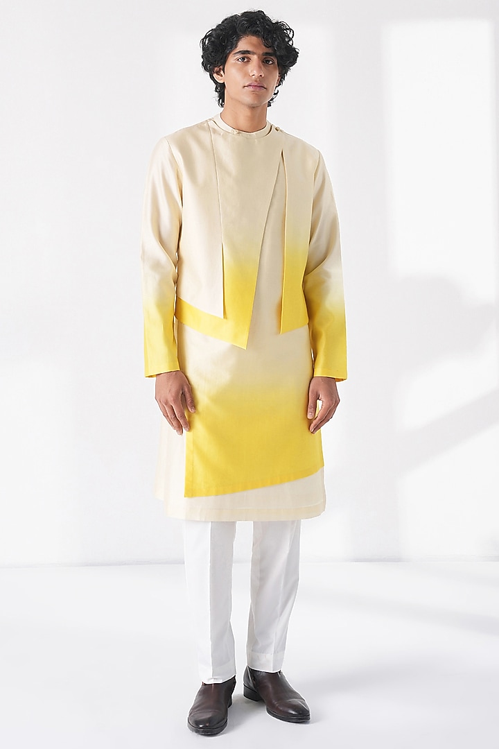Cream-Mustard Cotton Silk Chanderi Layered Kurta Set by Dhruv Vaish at Pernia's Pop Up Shop
