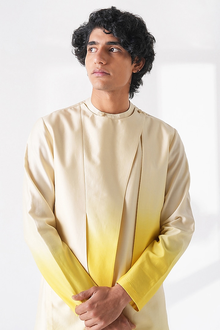 Cream-Mustard Cotton Silk Chanderi Layered Kurta Set by Dhruv Vaish at Pernia's Pop Up Shop