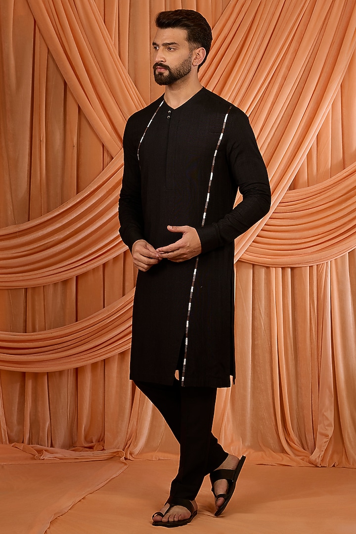 Black Cotton Silk Thread Embroidered Kurta Set by Dhruv Vaish at Pernia's Pop Up Shop