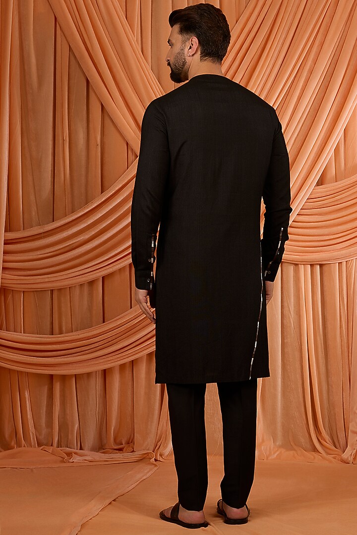 Black Cotton Silk Thread Embroidered Kurta Set by Dhruv Vaish at Pernia's Pop Up Shop