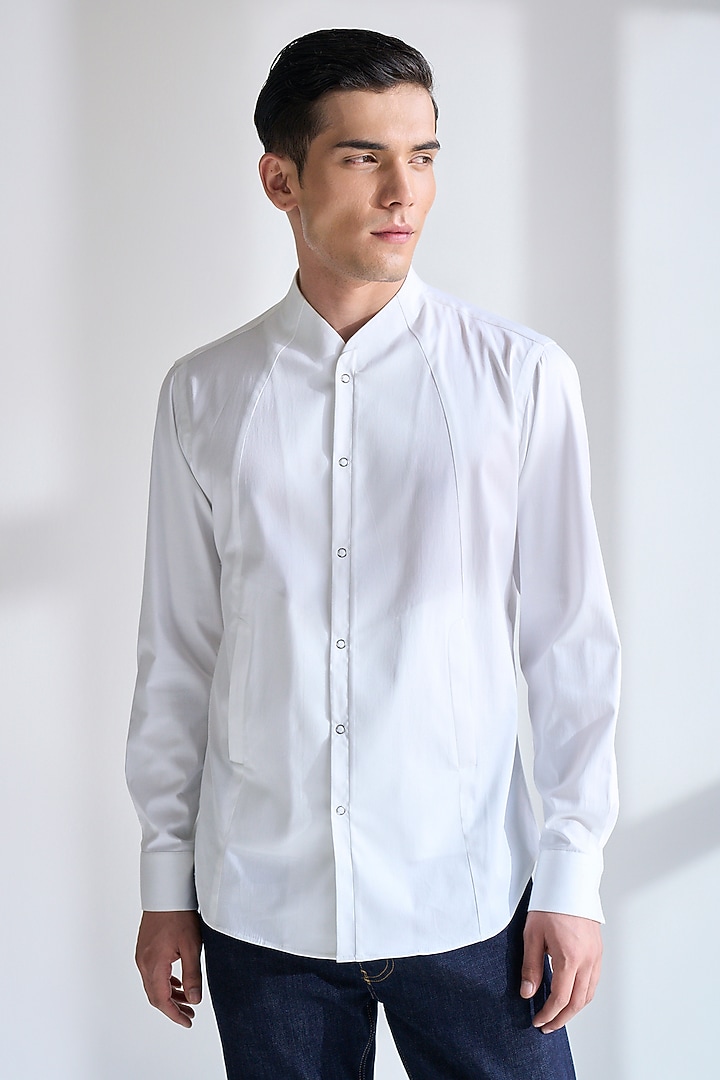 White Cotton Satin Party Wear Shirt by Dhruv Vaish at Pernia's Pop Up Shop