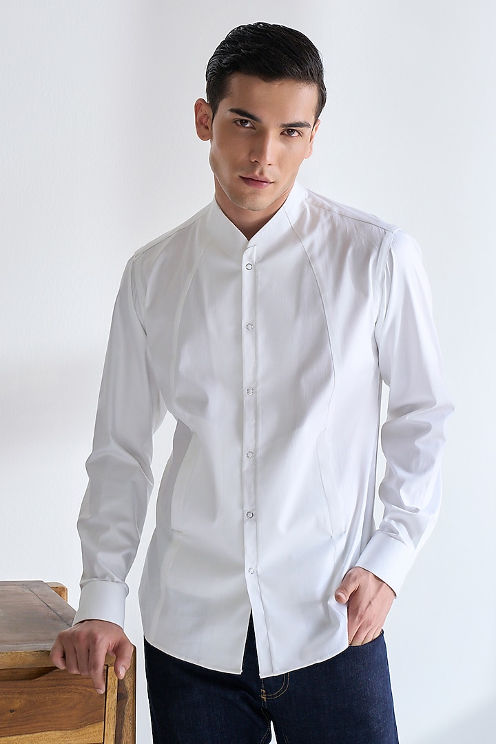White Cotton Satin Party Wear Shirt by Dhruv Vaish at Pernia's Pop Up Shop