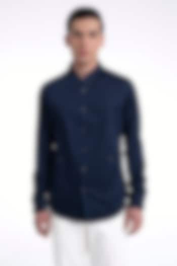Navy Cotton Satin Party Wear Shirt by Dhruv Vaish at Pernia's Pop Up Shop