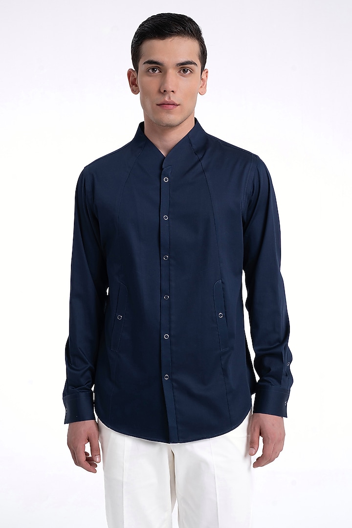 Navy Cotton Satin Party Wear Shirt by Dhruv Vaish at Pernia's Pop Up Shop