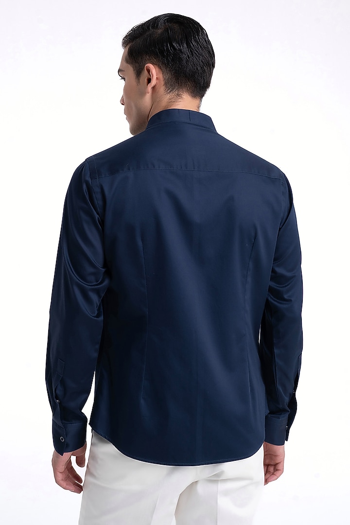 Navy Cotton Satin Party Wear Shirt by Dhruv Vaish at Pernia's Pop Up Shop