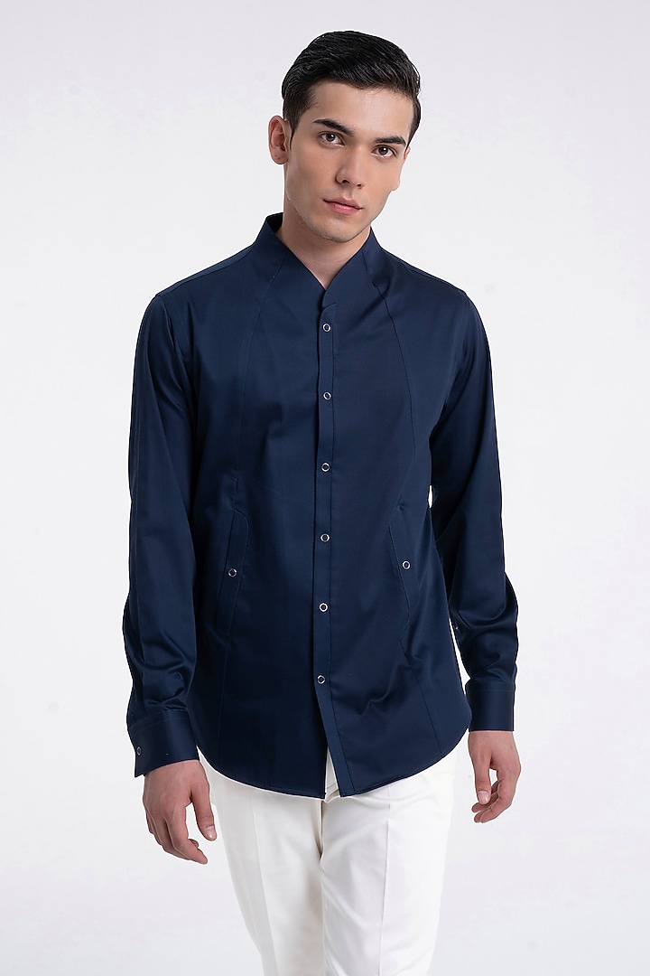 Navy Cotton Satin Party Wear Shirt by Dhruv Vaish at Pernia's Pop Up Shop
