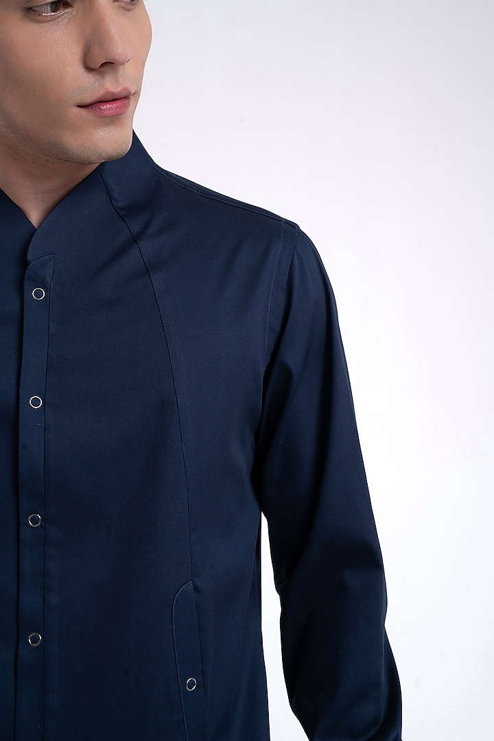 Navy Cotton Satin Party Wear Shirt by Dhruv Vaish at Pernia's Pop Up Shop