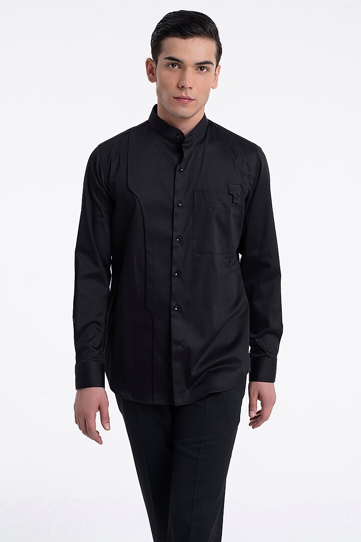 Black Cotton Satin Party Wear Shirt by Dhruv Vaish at Pernia's Pop Up Shop