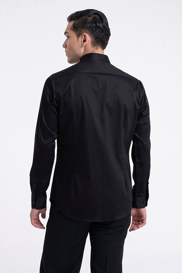 Black Cotton Satin Party Wear Shirt by Dhruv Vaish at Pernia's Pop Up Shop