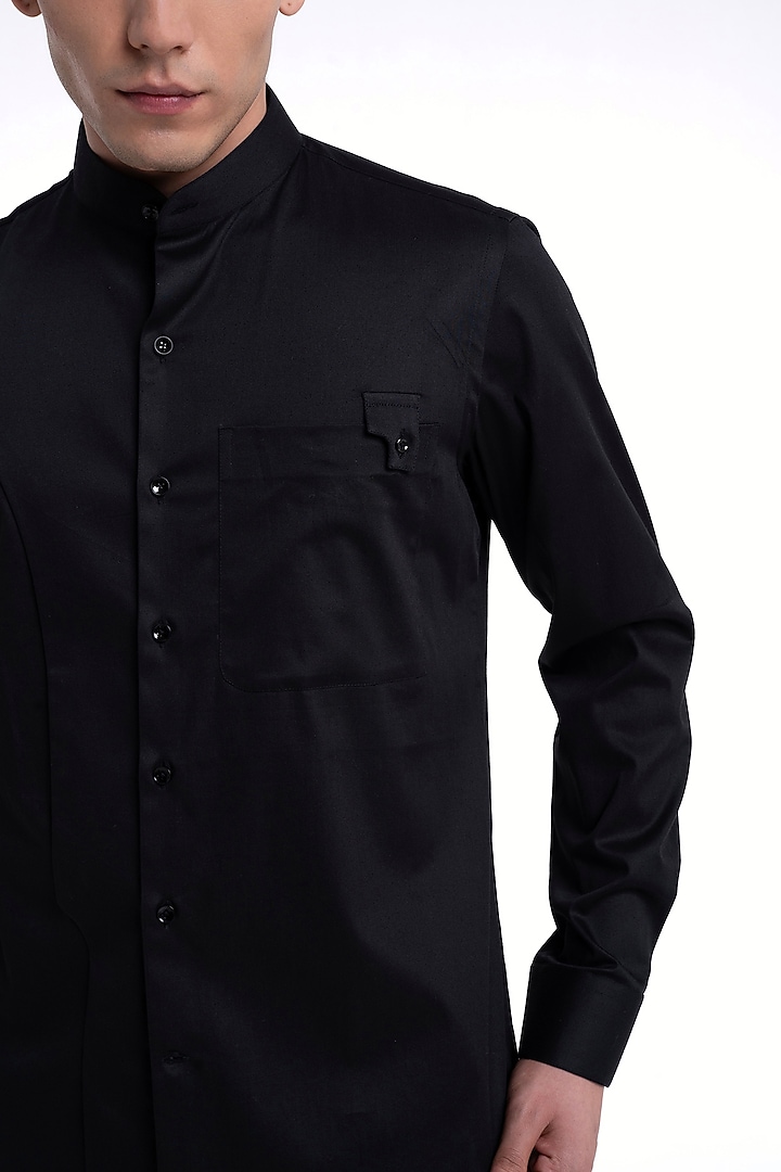 Black Cotton Satin Party Wear Shirt by Dhruv Vaish at Pernia's Pop Up Shop