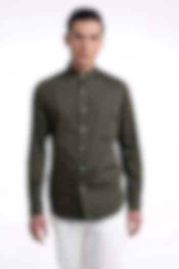 Olive Cotton Satin Party Wear Shirt by Dhruv Vaish at Pernia's Pop Up Shop