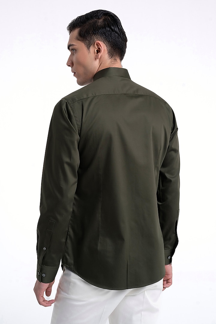 Olive Cotton Satin Party Wear Shirt by Dhruv Vaish at Pernia's Pop Up Shop