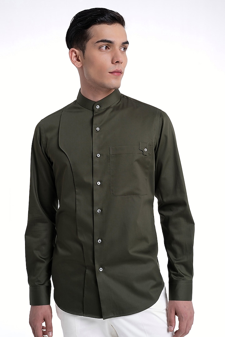 Olive Cotton Satin Party Wear Shirt by Dhruv Vaish at Pernia's Pop Up Shop