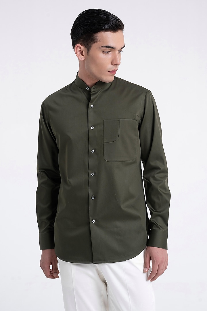 Olive Cotton Satin Party Wear Shirt by Dhruv Vaish at Pernia's Pop Up Shop
