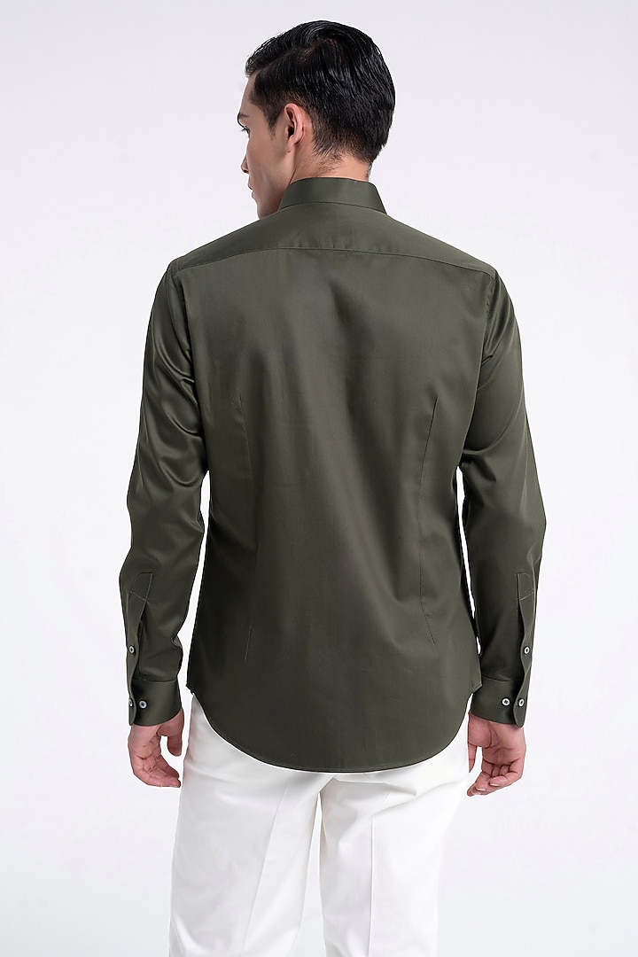 Olive Cotton Satin Party Wear Shirt by Dhruv Vaish at Pernia's Pop Up Shop