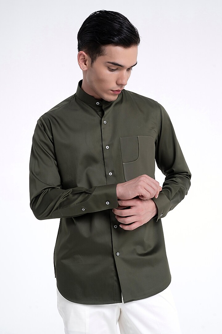 Olive Cotton Satin Party Wear Shirt by Dhruv Vaish at Pernia's Pop Up Shop
