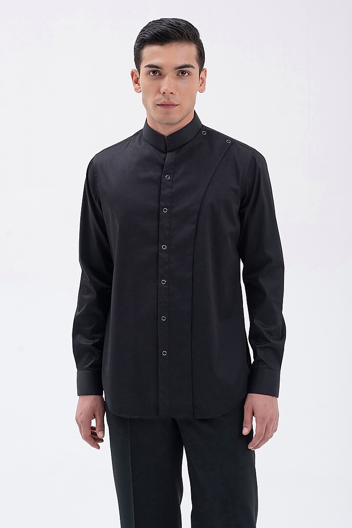 Black Cotton Satin Party Wear Shirt by Dhruv Vaish at Pernia's Pop Up Shop