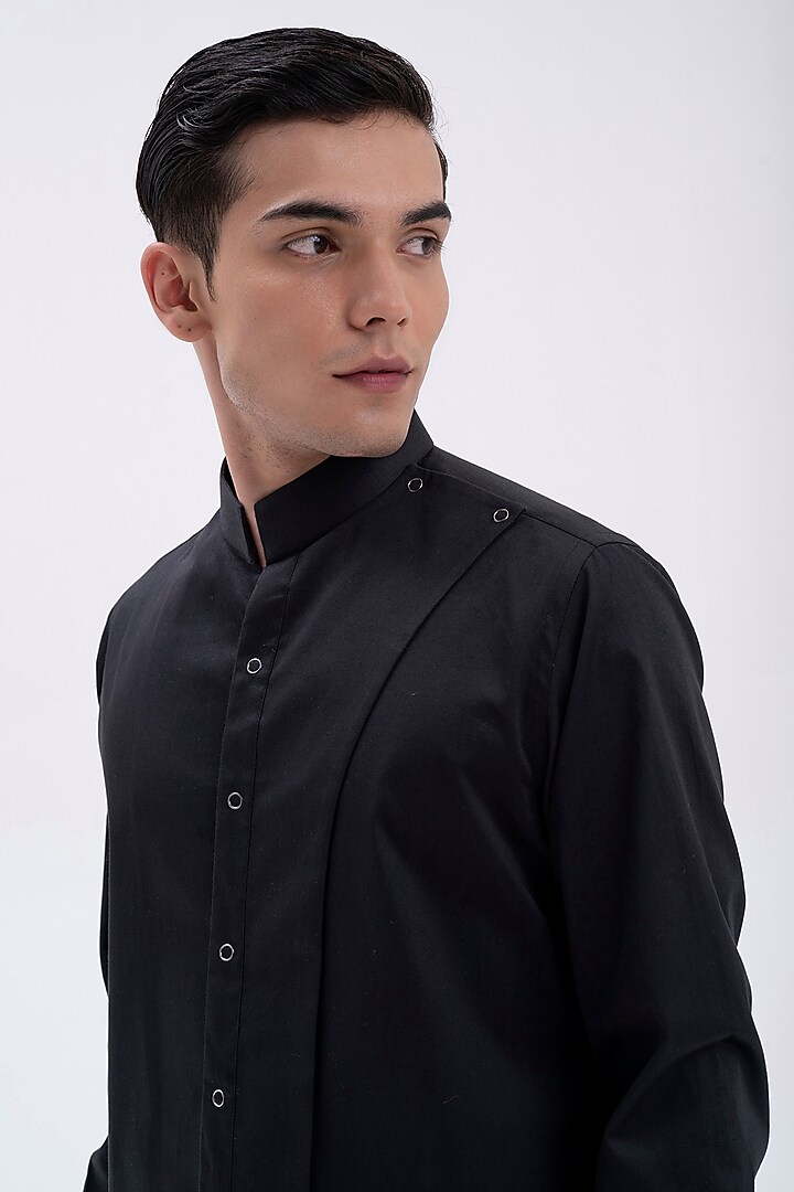 Black Cotton Satin Party Wear Shirt by Dhruv Vaish at Pernia's Pop Up Shop