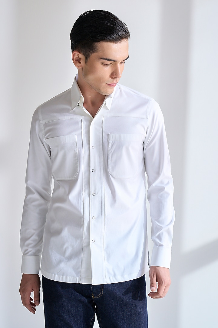 White Cotton Satin Party  start Shirt by Dhruv Vaish at Pernia's Pop Up Shop