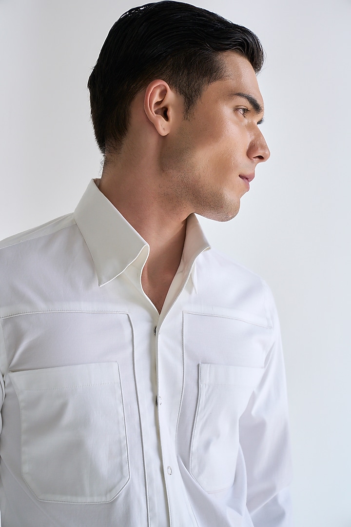 White Cotton Satin Party Wear Shirt by Dhruv Vaish at Pernia's Pop Up Shop