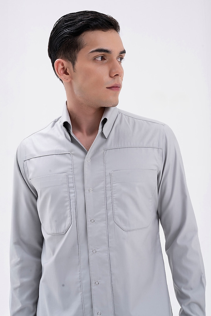 Silver Grey Cotton Satin Party Wear Shirt by Dhruv Vaish at Pernia's Pop Up Shop