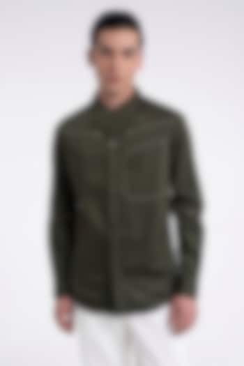 Olive Cotton Satin Crafted Shirt by Dhruv Vaish