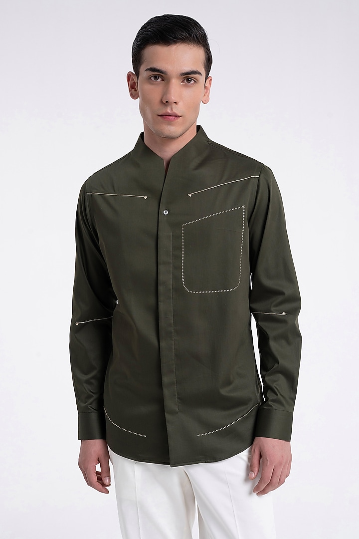 Olive Cotton Satin Crafted Shirt by Dhruv Vaish