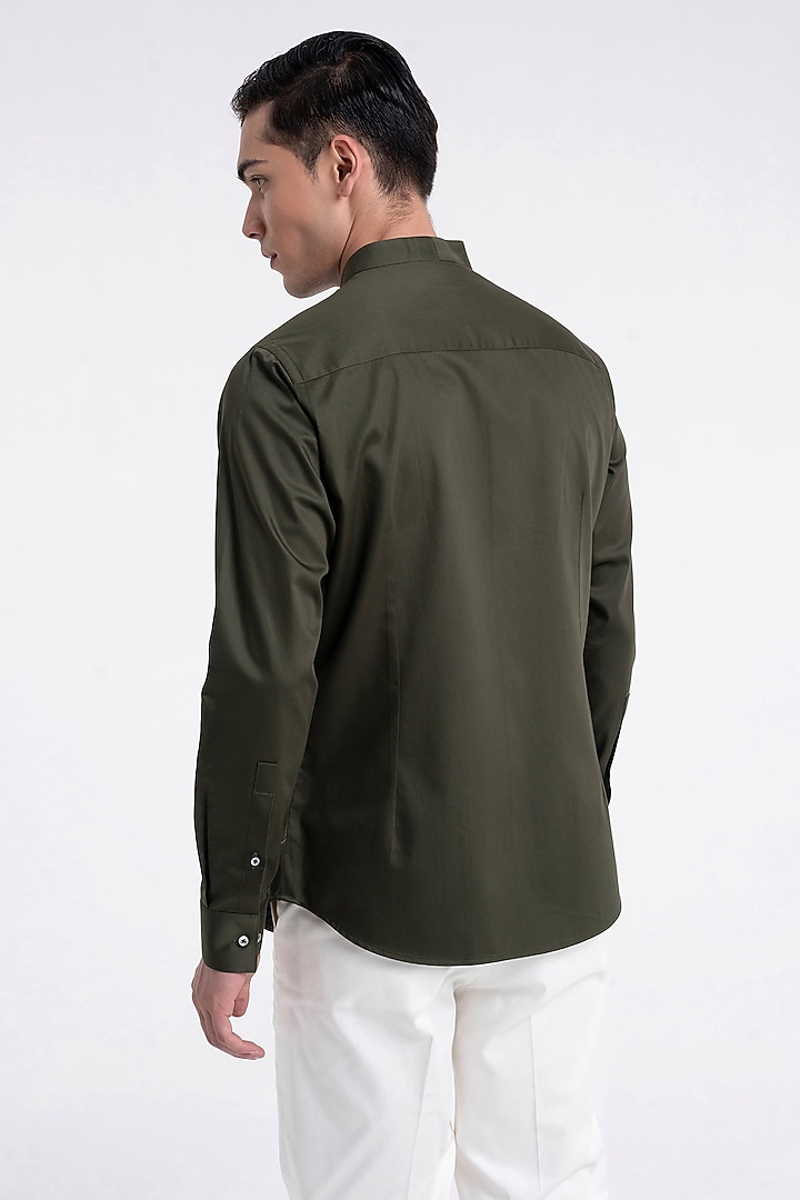 Olive Cotton Satin Crafted Party Wear Shirt by Dhruv Vaish at Pernia's Pop Up Shop