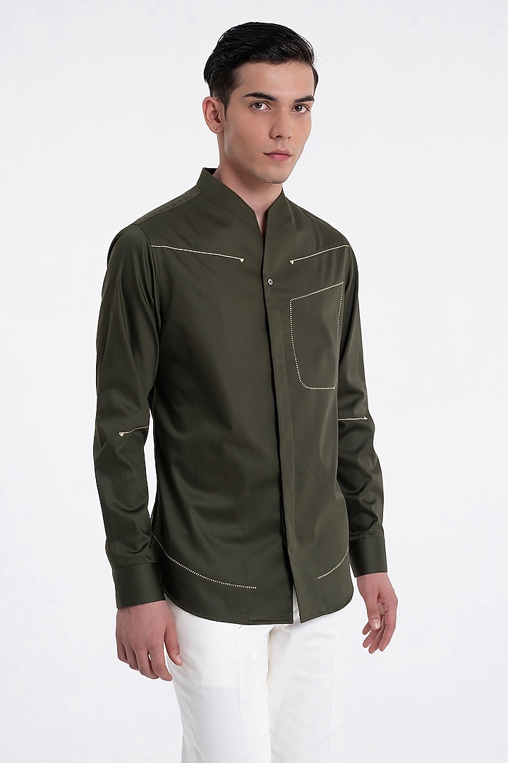 Olive Cotton Satin Crafted Party Wear Shirt by Dhruv Vaish at Pernia's Pop Up Shop