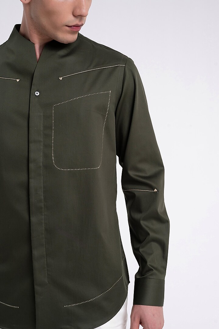 Olive Cotton Satin Crafted Party Wear Shirt by Dhruv Vaish at Pernia's Pop Up Shop