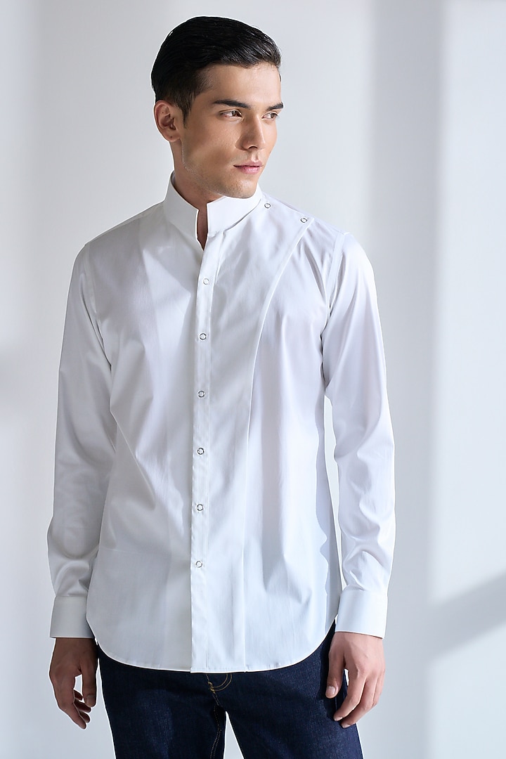 White Cotton Satin Party Wear Shirt by Dhruv Vaish at Pernia's Pop Up Shop