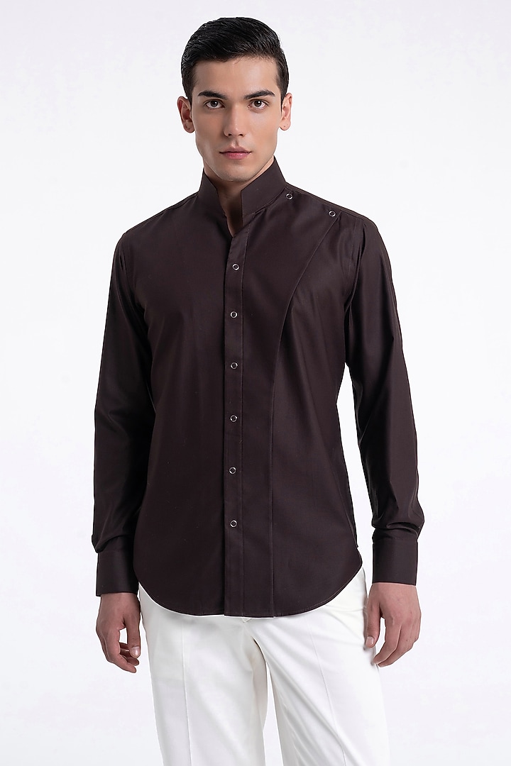 Dark Brown Cotton Satin Party Wear Shirt by Dhruv Vaish at Pernia's Pop Up Shop