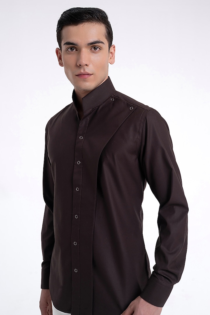 Dark Brown Cotton Satin Party Wear Shirt by Dhruv Vaish at Pernia's Pop Up Shop