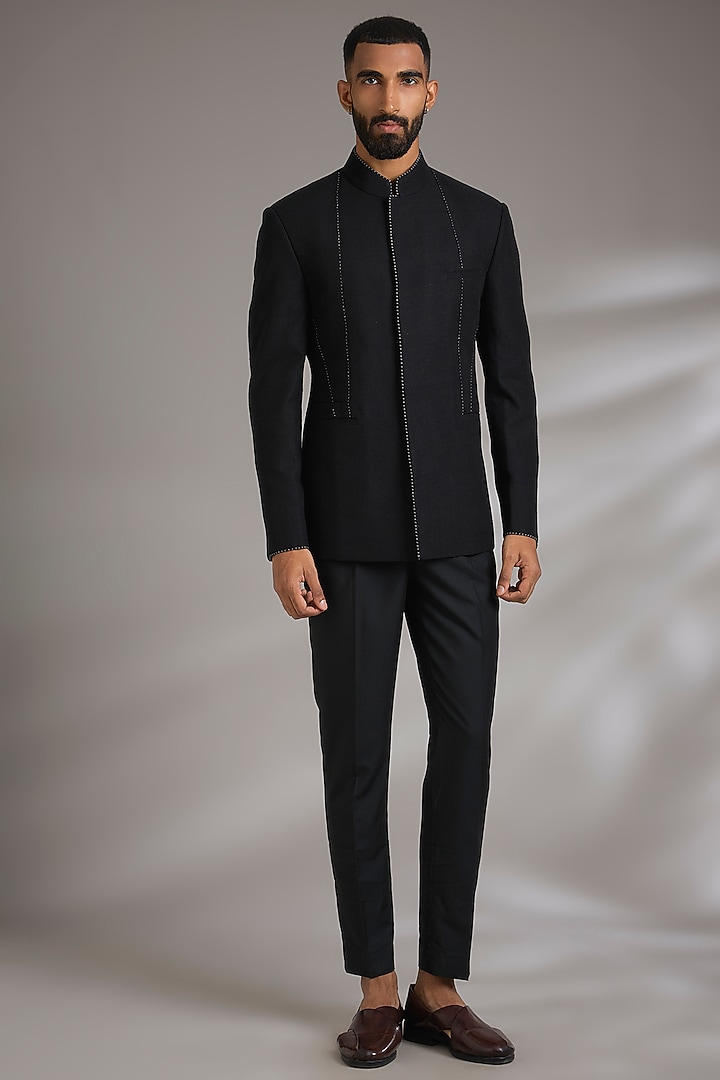 Black Suiting Wedding Bandhgala Set by Dhruv Vaish at Pernia's Pop Up Shop