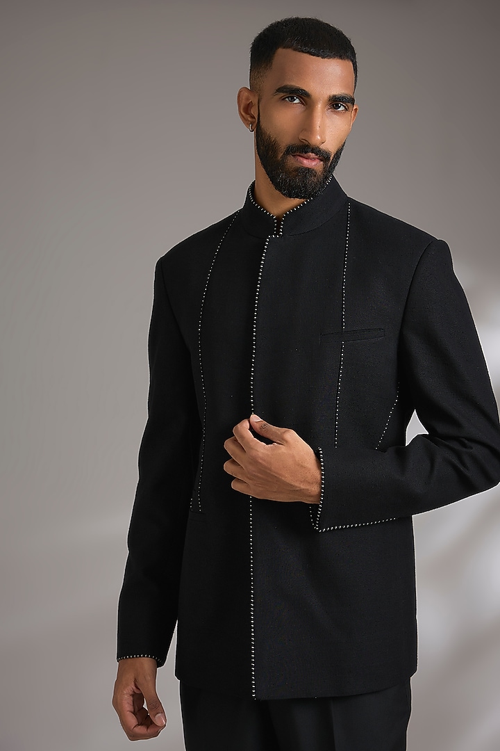Black Suiting Wedding Bandhgala Set by Dhruv Vaish at Pernia's Pop Up Shop
