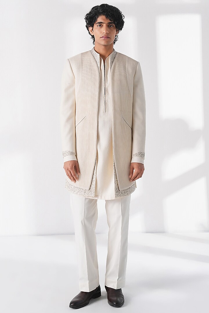 Ivory Silk Beadwork Front-Open Groom Sherwani Set by Dhruv Vaish at Pernia's Pop Up Shop