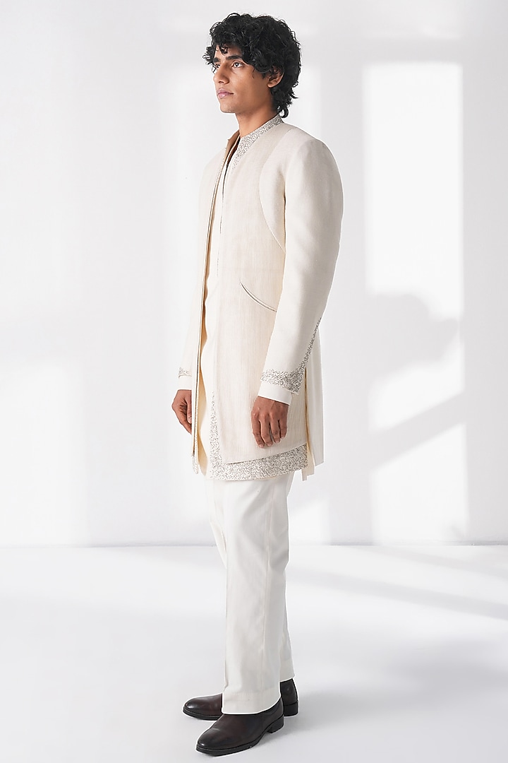 Ivory Silk Beadwork Front-Open Groom Sherwani Set by Dhruv Vaish at Pernia's Pop Up Shop