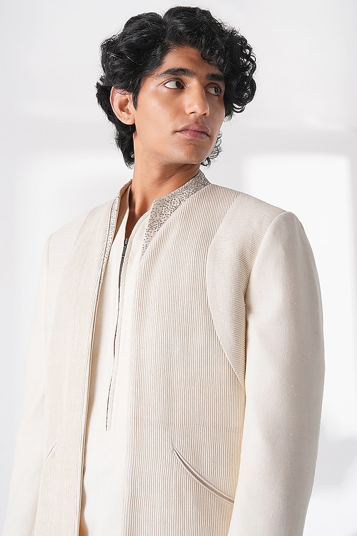 Ivory Silk Beadwork Front-Open Groom Sherwani Set by Dhruv Vaish at Pernia's Pop Up Shop